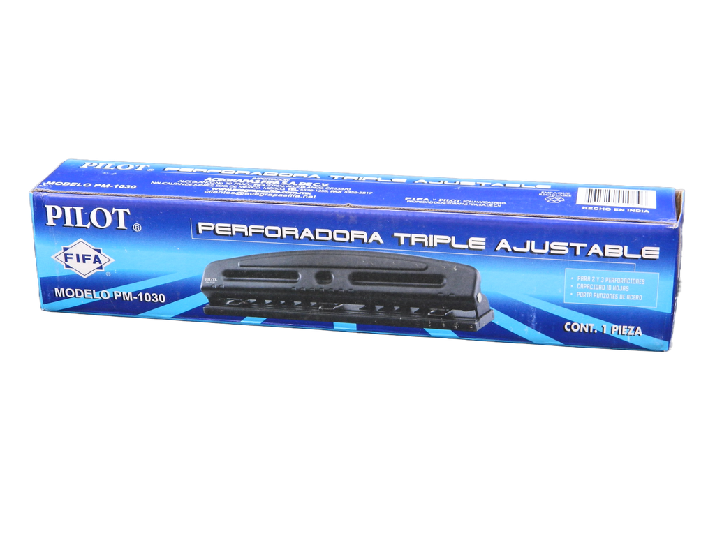 Perforadora Acero Triple Ajustable 2 y 3 Orificios 10 hjs PM-1030 Pilot