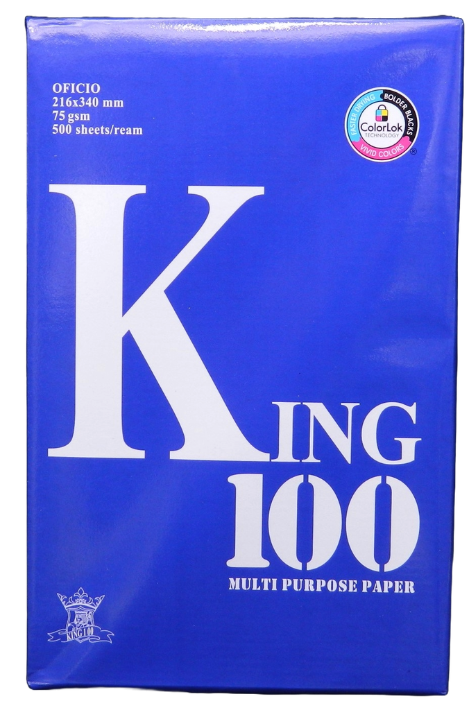 Papel Bond King 100 T/ Oficio 100% Blancura 75 grs C/ 5,000 hjs