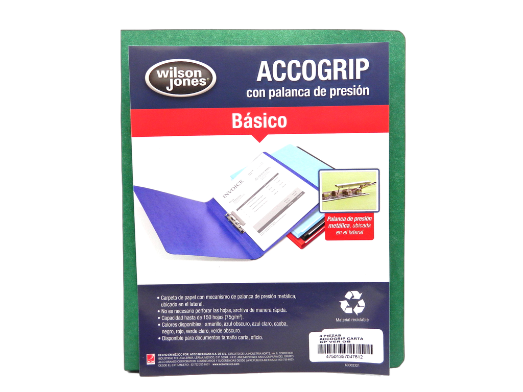 Folder Accogrip C/ Palanca T/ Carta Verde Obscuro C/ 4 pzs Acco