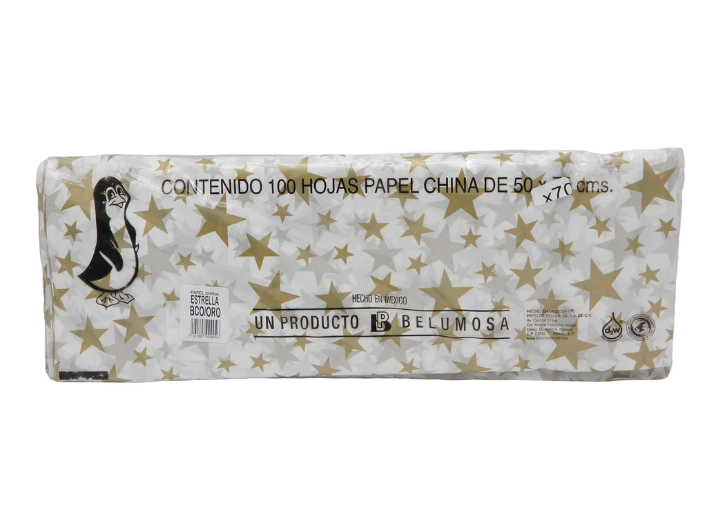 Papel China Pingüino 50x75 cms Estrellas Oro C/ 100 pzs Belumosa