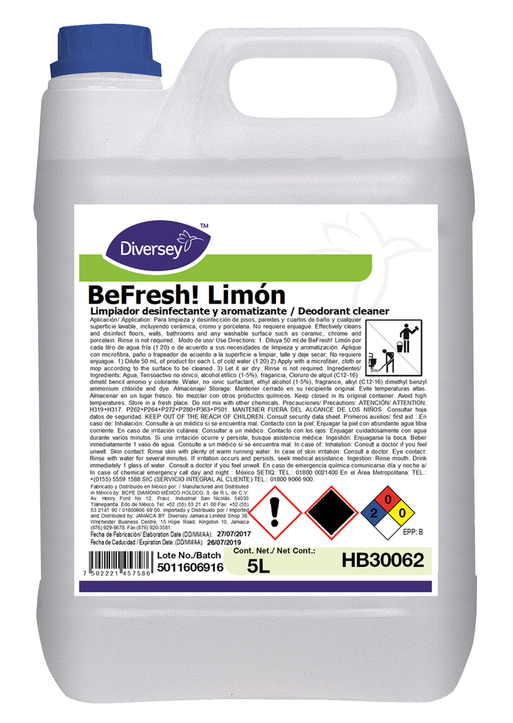Limpiador Aromatizante Multiusos Be Fresh Limon 5 Lts C/ 4 pzs Diversey