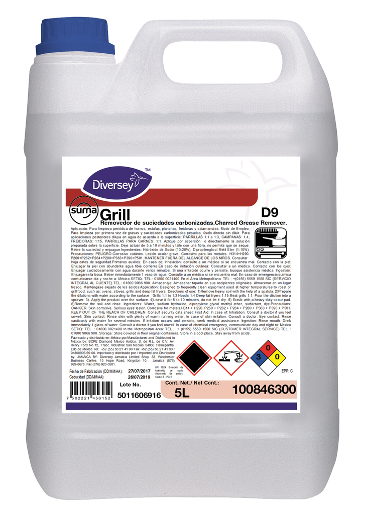 Removedor Grasa Carbonizada Suma Grill D9  5 Lts C/ 4 pzs Diversey