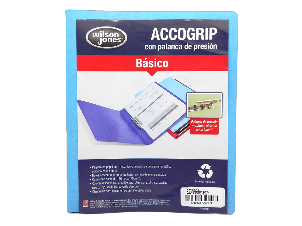 Folder Accogrip C/ Palanca T/ Carta Azul Claro C/ 4 pzs Acco