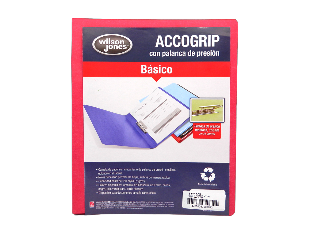Folder Accogrip C/ Palanca T/ Carta Rojo C/ 4 pzs Acco