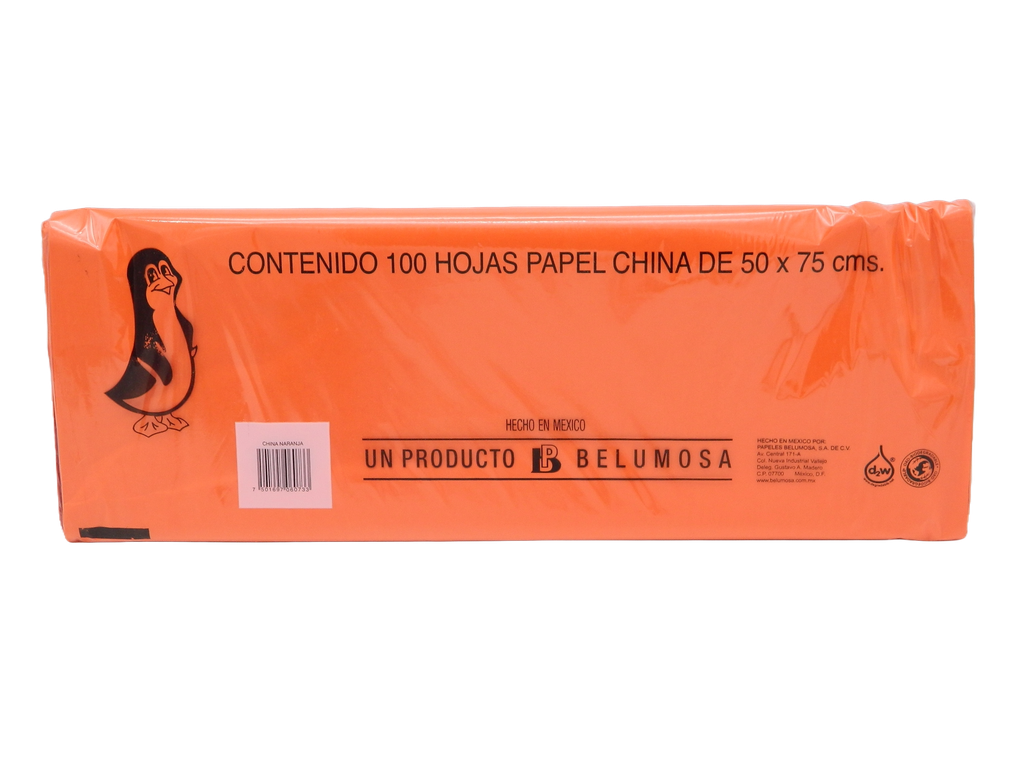 Papel China Pingüino 50x75 cms Naranja C/ 100 pzs Belumosa