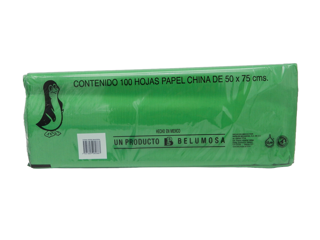Papel China Pingüino 50x75 cms Verde Bandera C/ 100 pzs Belumosa