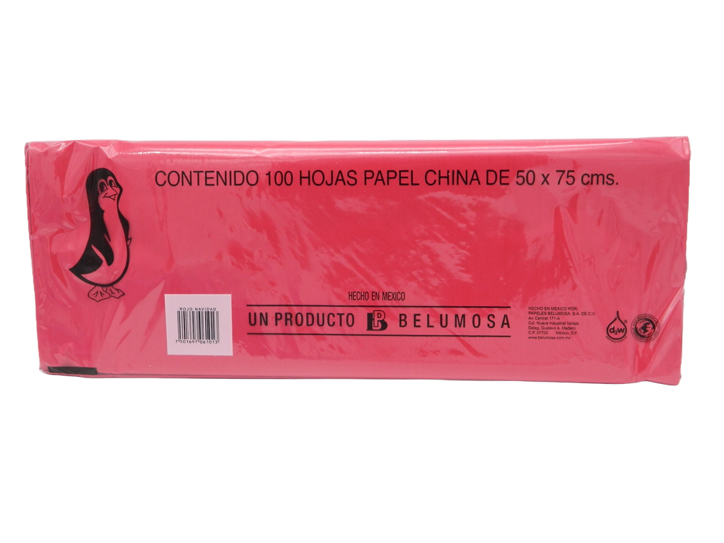 Papel China Pingüino 50x75 cms Rojo Navidad C/ 100 pzs Belumosa