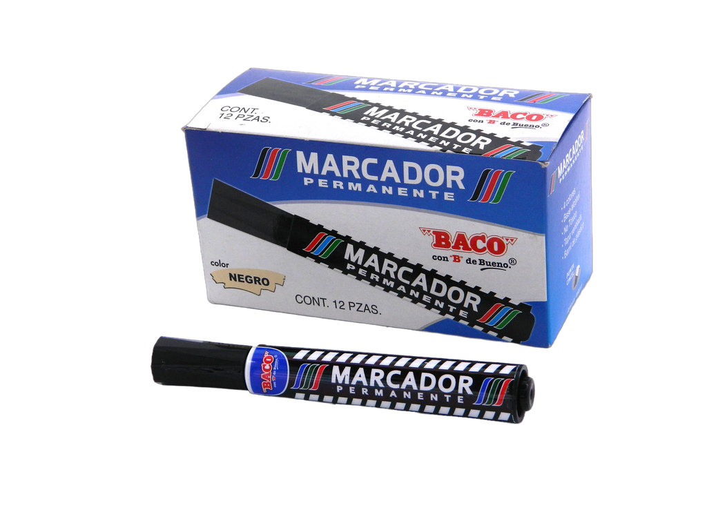 Marcador Permanente Plastico Negro C/ 12 pzs Baco
