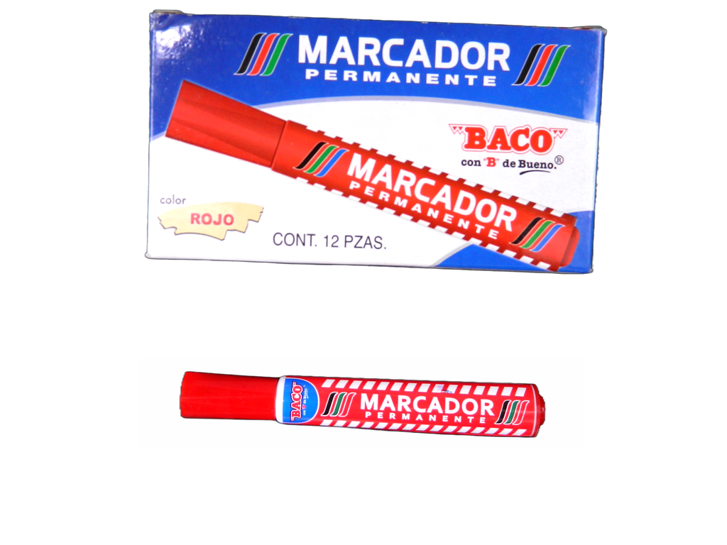 Marcador Permanente Plastico Rojo C/ 12 pzs Baco