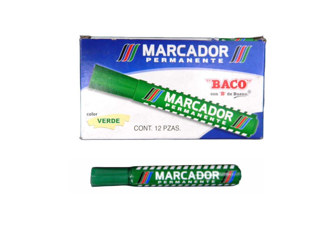 Marcador Permanente Plastico Verde C/ 12 pzs Baco