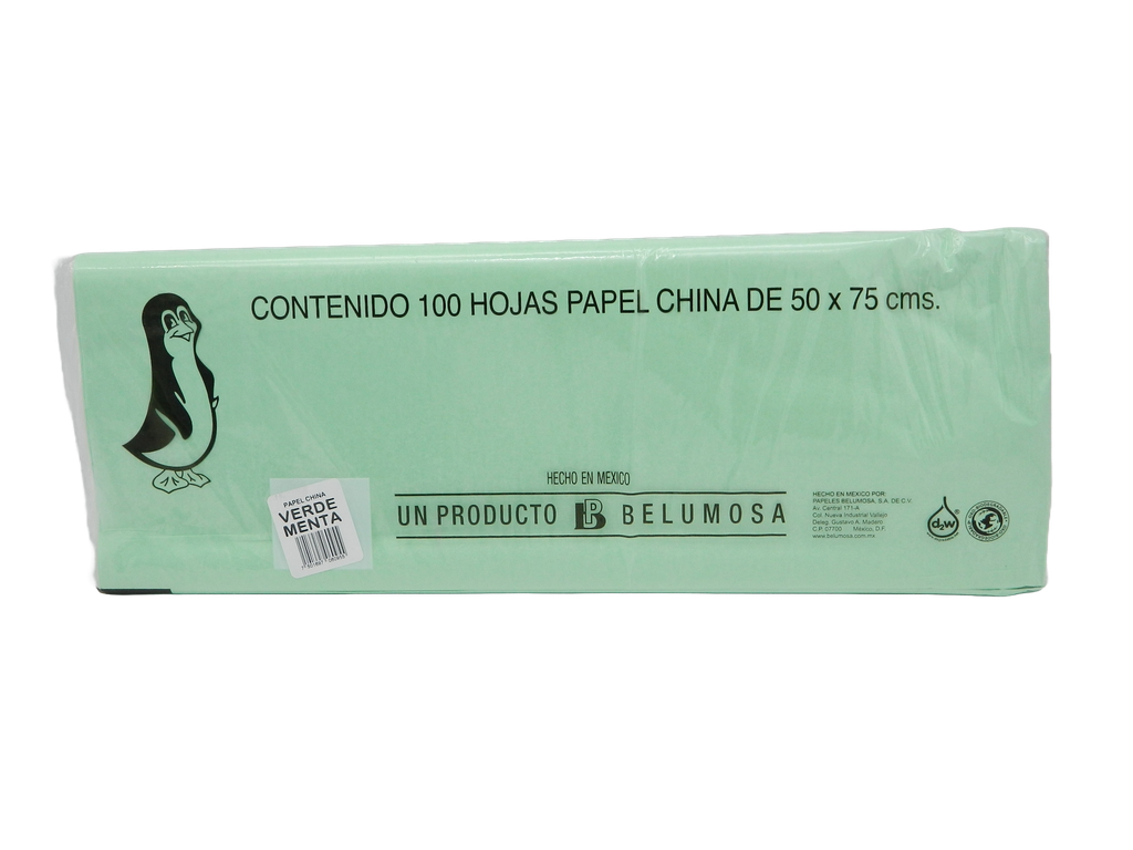 Papel China Pingüino 50x75 cms Verde Menta C/ 100 pzs Belumosa