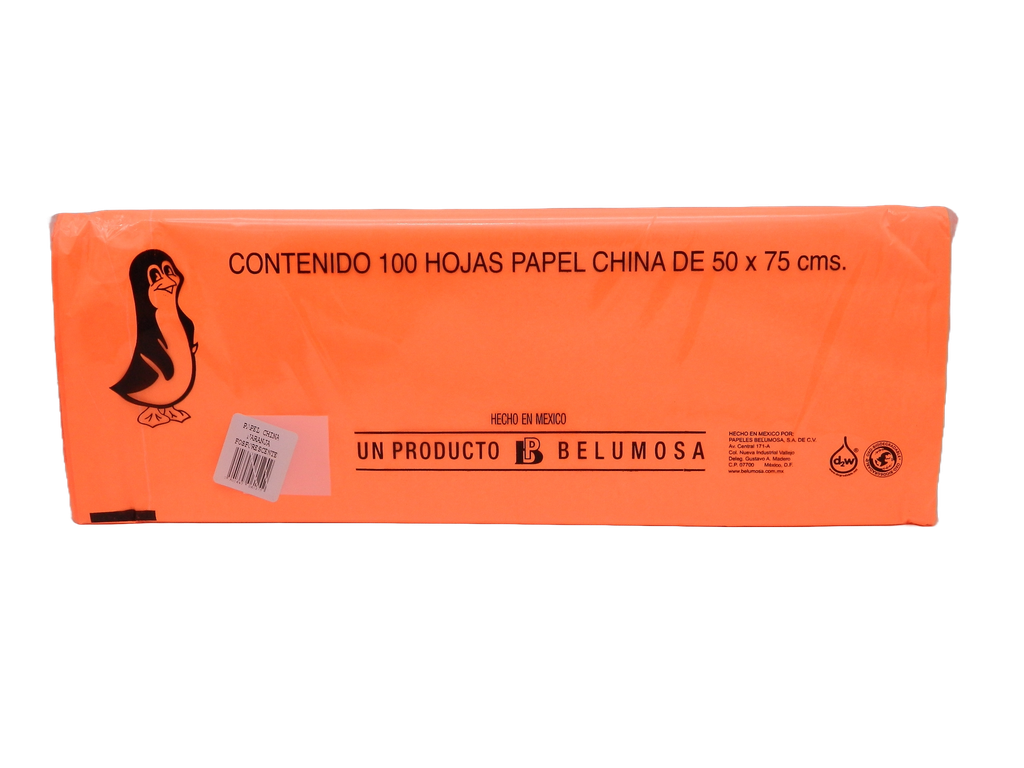 Papel China Pingüino 50x75 cms Naranja Fosforescente C/ 100 pzs Belumosa