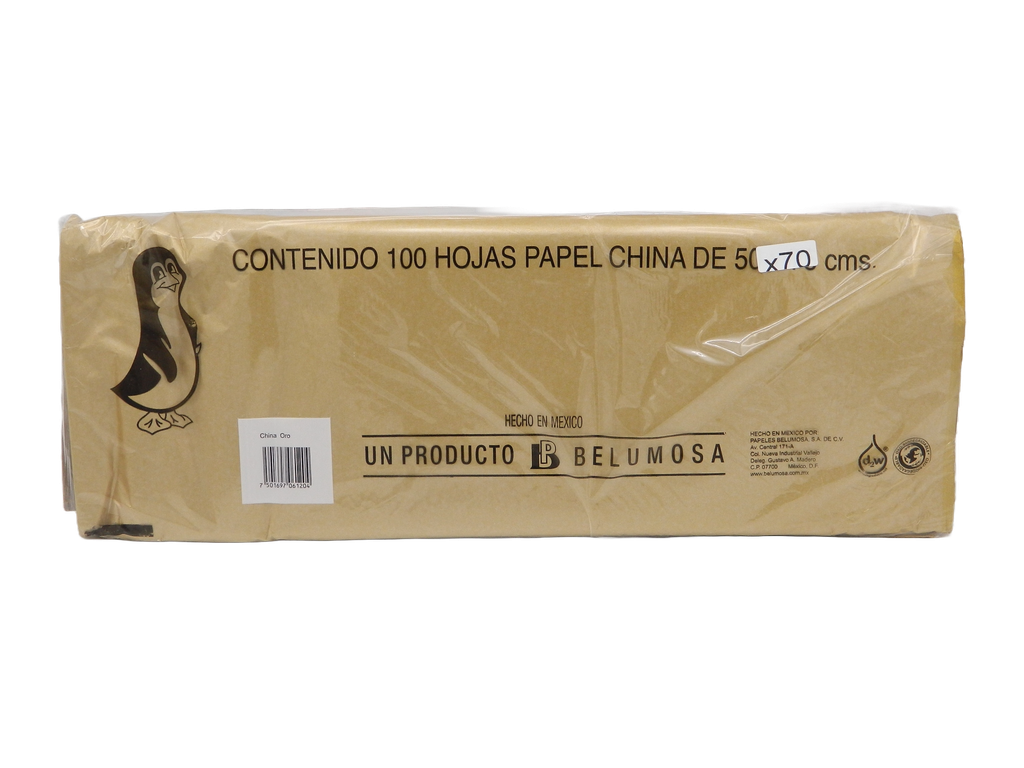 Papel China Pingüino 50x75 cms Oro Metalico C/ 100 pzs Belumosa