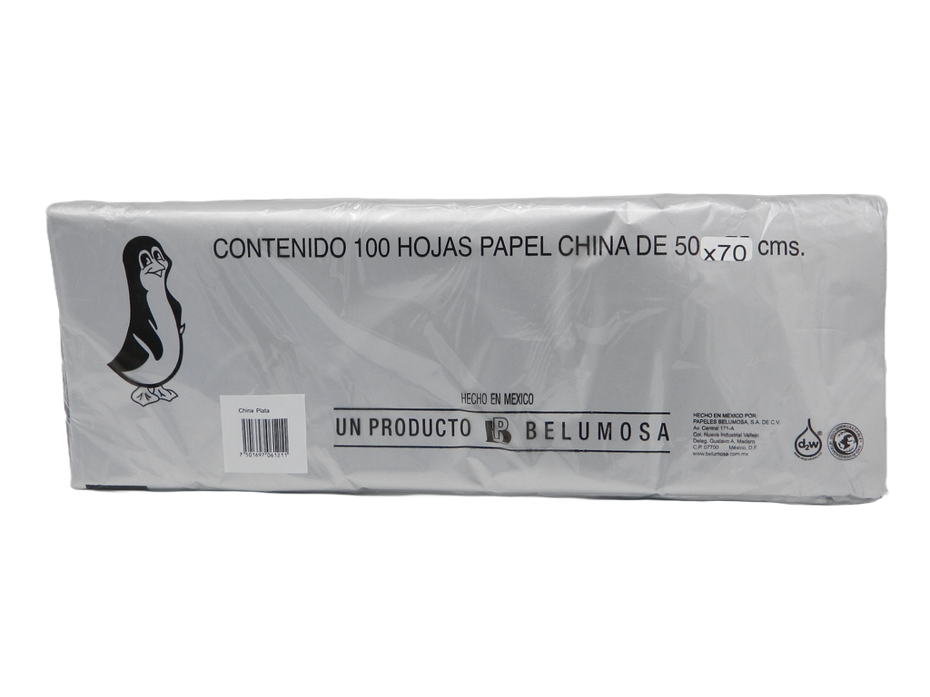 Papel China Pingüino 50x75 cms Plata Metalico C/ 100 pzs Belumosa