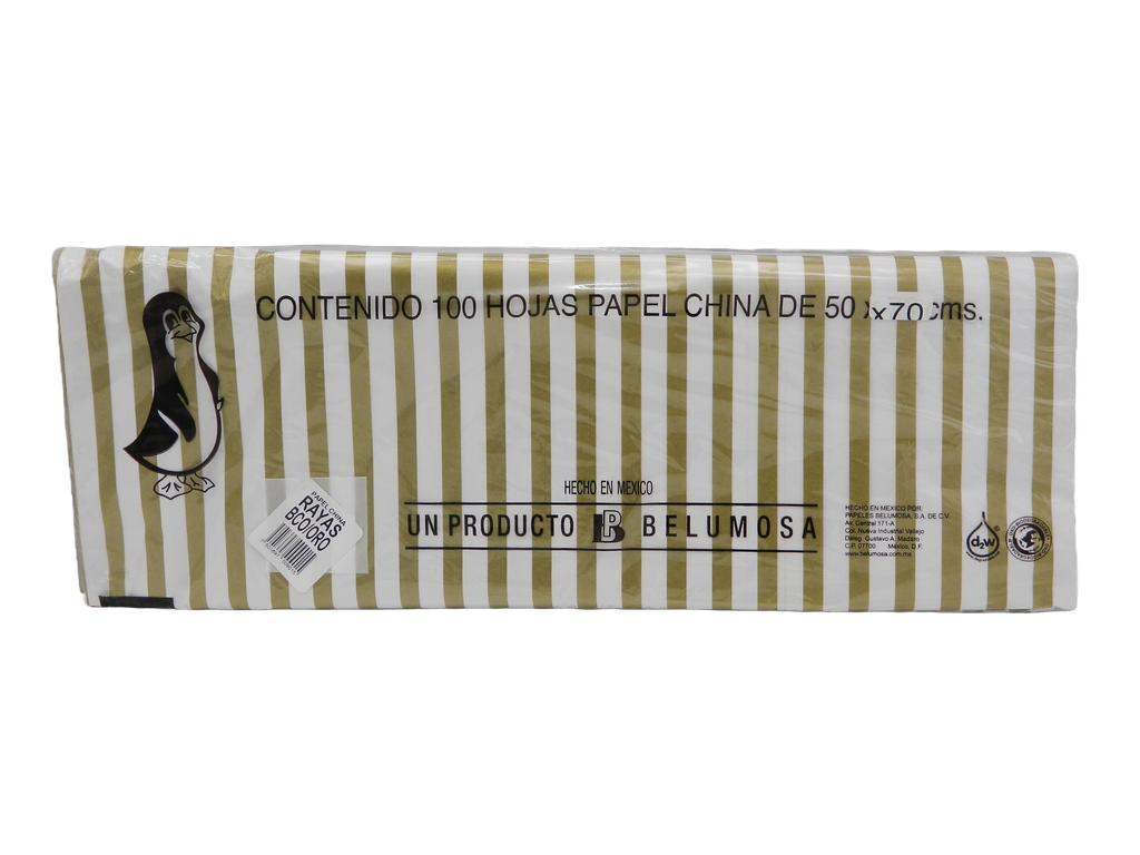 Papel China Pingüino 50x75 cms Rayas Oro C/ 100 pzs Belumosa