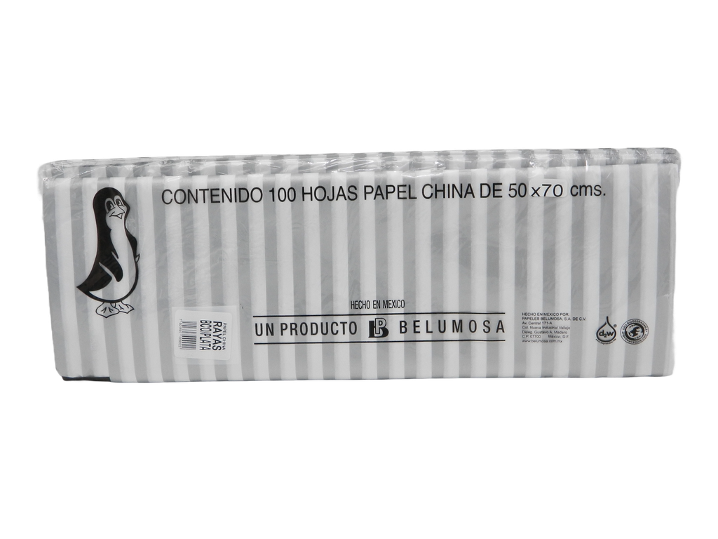 Papel China Pingüino 50x75 cms Rayas Plata C/ 100 pzs Belumosa