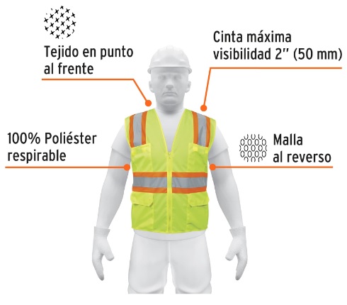 Chaleco C/ Cinta Doble 2" Maxima Visibilidad C/ Cierre y Bolsas Verde 13476 Truper