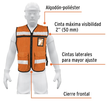 Chaleco Brigadista C/ Cinta Reflejante 2" Alta Visibilidad Naranja 14669 Truper