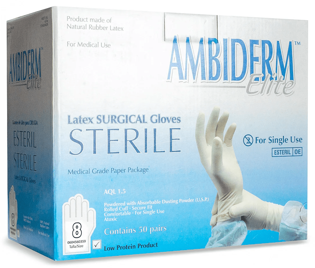 Guante Latex Cirujano Elite Blanco Bajo en Polvo #8 C/ 50 pares Ambiderm
