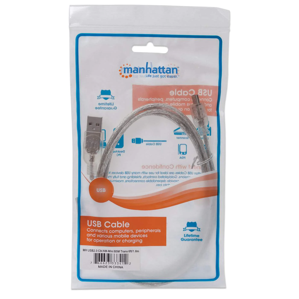 Cable Usb A Macho a Usb Mini B 1.8 mts Translucido Manhattan