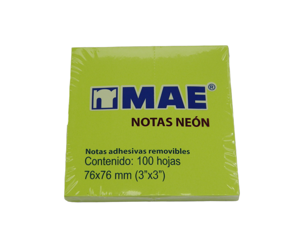 Notas Adhesivas Neon 3 x 3 Verde C/ 100 pzs Mae