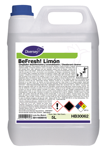 [002519] Limpiador Aromatizante Multiusos Be Fresh Limon 5 Lts C/ 4 pzs Diversey
