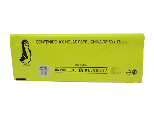 [003991] Papel China Pingüino 50x75 cms Amarillo Fosforescente C/ 100 pzs Belumosa