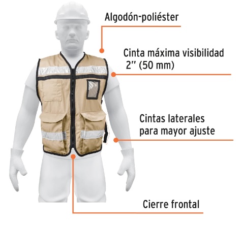 [004307] Chaleco Brigadista C/ Cinta Reflejante 2" Alta Visibilidad Beige 14668 Truper