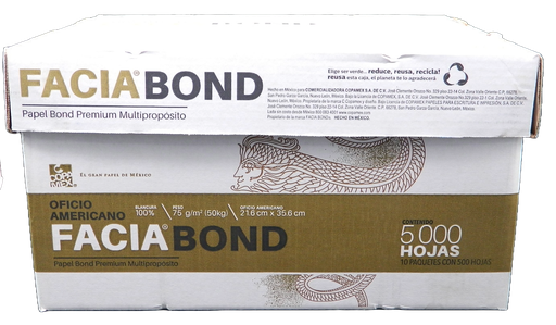 [004565] Papel Bond Facia T/ Oficio Americano Legal 99% Blancura 75 grs C/ 5,000 hjs