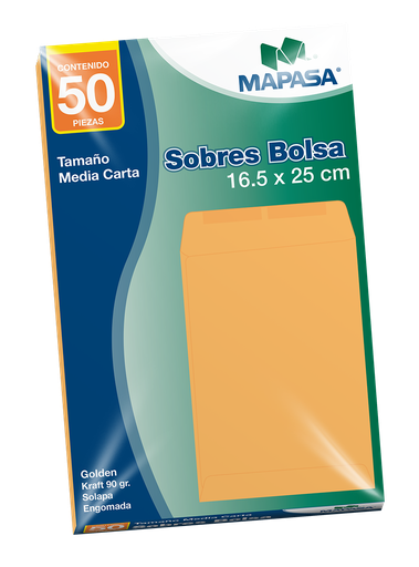 [004868] Sobre Bolsa Golden T/ 1/2 Carta 16.5 x 25 cms C/ 50 pzs Arpapel